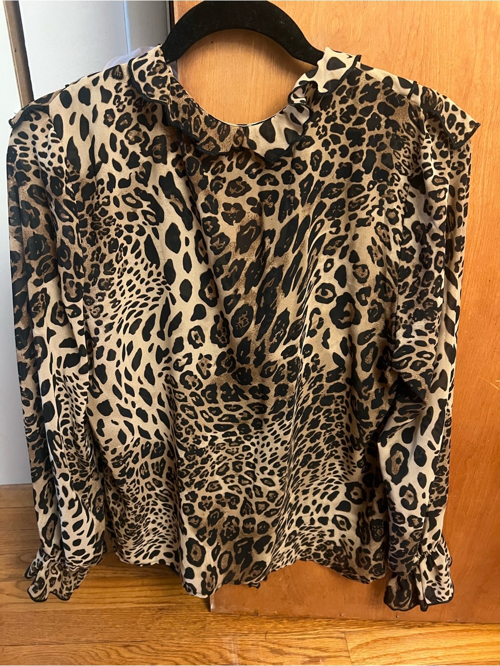 Leopard Ruffle V-Neck Blouse - Tan/Black - Picture 4 of 4